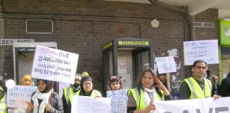 Mothers and other family members assembling at Chrisp Street Market in Poplar, east London, at the start of Monday’s BPA march