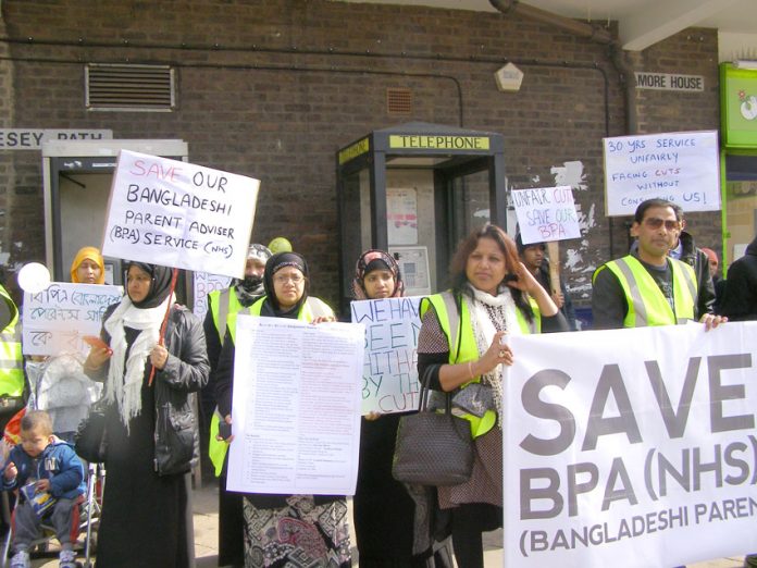 Mothers and other family members assembling at Chrisp Street Market in Poplar, east London, at the start of Monday’s BPA march