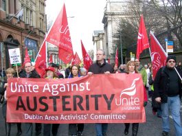 Trades unions marching in Dublin against austerity measures on workers to save the banks