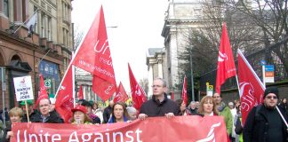 Trades unions marching in Dublin against austerity measures on workers to save the banks