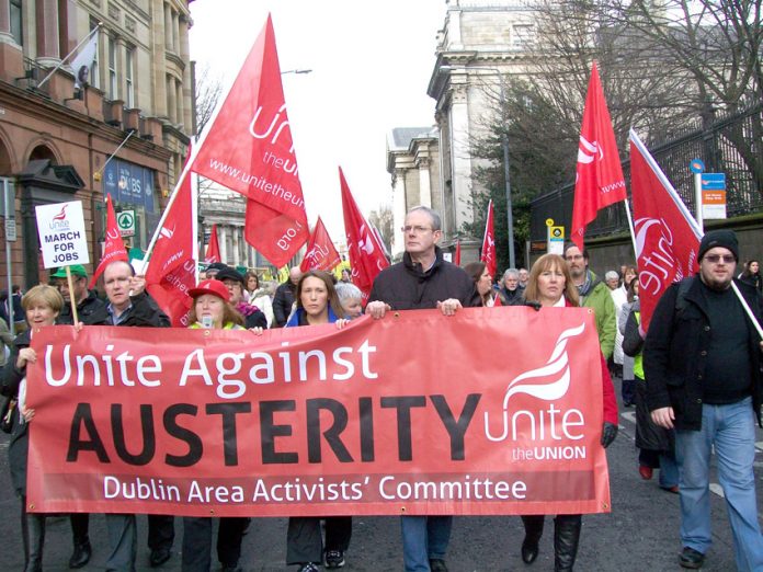 Trades unions marching in Dublin against austerity measures on workers to save the banks
