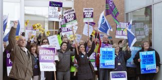 NHS workers in Norwich picket during the recent strike action – they are determined to prevent the privatisation of the NHS