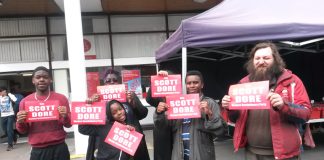 Scott (second on the right) the WRP candidate for Acton and Ealing Central, plus supporters made a big impact in Acton yesterday
