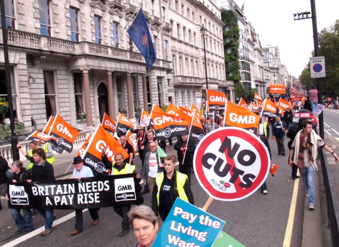 GMB members on a TUC demonstration against Tory cuts and demanding a decent pay rise