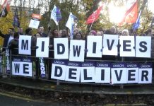 NHS workers on the picket line at Northwick Park Hospital in north-west London during last November’s NHS strike action. They are demanding 3,000 more midwives and will fight any attempt to impose a ‘staff freeze’