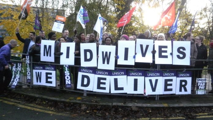 NHS workers on the picket line at Northwick Park Hospital in north-west London during last November’s NHS strike action. They are demanding 3,000 more midwives and will fight any attempt to impose a ‘staff freeze’