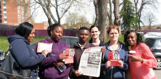 Trainee Health Care Assistants at Ealing Hospital, NADINE, LORRAINE, BETH, PAULA and FALIANE with WRP candidate SCOTT DORE