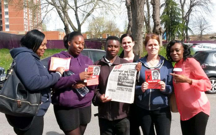 Trainee Health Care Assistants at Ealing Hospital, NADINE, LORRAINE, BETH, PAULA and FALIANE with WRP candidate SCOTT DORE