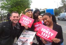 Walthamstow students show their support for WRP candidate Jonty Leff and WRP policies yesterday