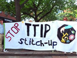 A demonstration in Norwich against TTIP which the EU and US want to impose on Europe