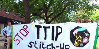 A demonstration in Norwich against TTIP which the EU and US want to impose on Europe