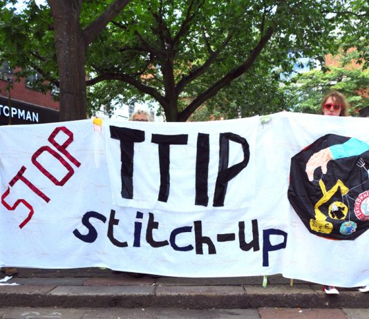 A demonstration in Norwich against TTIP which the EU and US want to impose on Europe