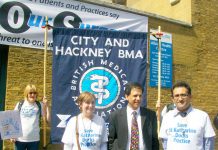 Dr CHAAND NAGPAUL, BMA GP Committee chair (2nd from right) at a march in Tower Hamlets last June against the closure of GP surgeries