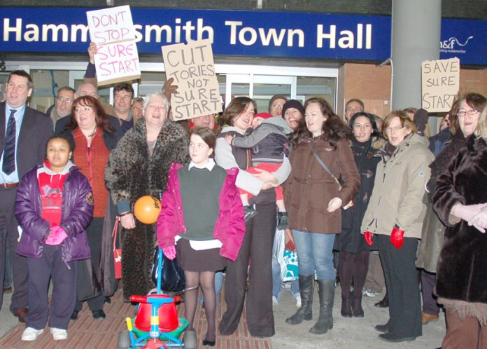 Mothers and children demonstrate against the closure of Sure Start centres, a victim of government spending cuts