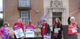 Pickets outside East Finchley library yesterday during the first day of their two-day strike action against cuts and privatisation