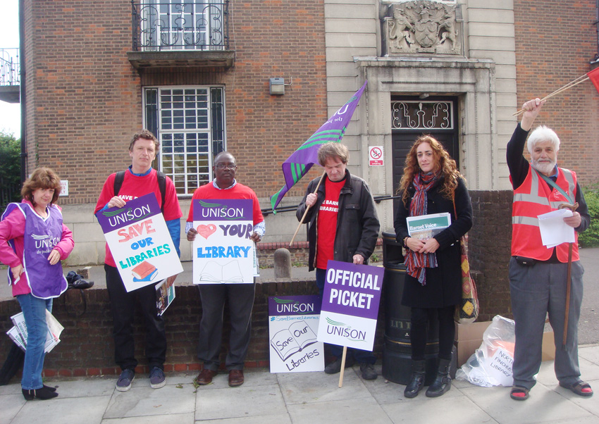 Pickets outside East Finchley library yesterday during the first day of their two-day strike action against cuts and privatisation