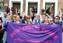 Enthusiastic picket at the Lewisham site of Lewisham & Southwark College yesterday against the plan to cut 112 jobs