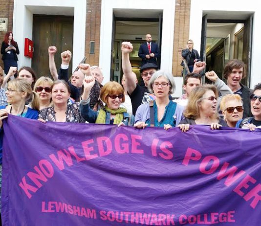 Enthusiastic picket at the Lewisham site of Lewisham & Southwark College yesterday against the plan to cut 112 jobs