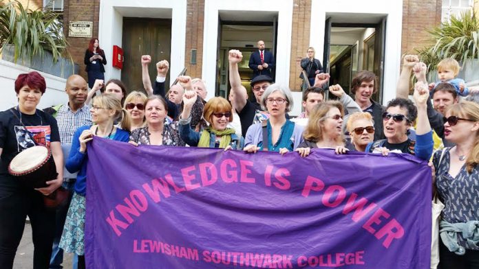 Enthusiastic picket at the Lewisham site of Lewisham & Southwark College yesterday against the plan to cut 112 jobs