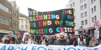 Demonstrators marching on the London mayor’s office in January demanding more council homes