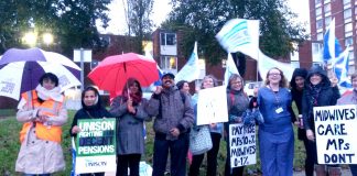 Ealing midwives on the picket line outside the hospital during last year’s strike – The meeting tonight is called to plan next Wednesday’s march & occupation of maternity to stop the closure