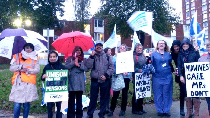 Ealing midwives on the picket line outside the hospital during last year’s strike – The meeting tonight is called to plan next Wednesday’s march & occupation of maternity to stop the closure