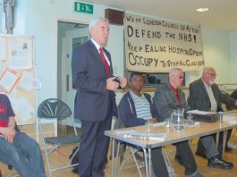 The platform at Tuesday night’s meeting, L-R Jonty Leff, John McDonnell MP, Scott Dore, Hank Roberts, Dave Wiltshire, Julian Pallett
