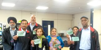 Busworkers & campaigners at Greenford Bus Garage yesterday – they are determined to occupy Ealing Maternity to keep it open