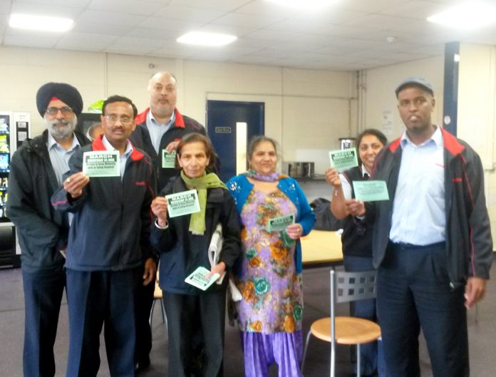 Busworkers & campaigners at Greenford Bus Garage yesterday – they are determined to occupy Ealing Maternity to keep it open
