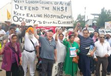 Marchers show their enthusiasm and determination before the march started in Southall yesterday