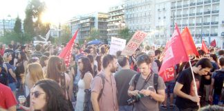 Part of Sunday night’s rally against austerity in front of the Vouli