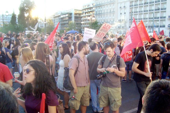 Part of Sunday night’s rally against austerity in front of the Vouli