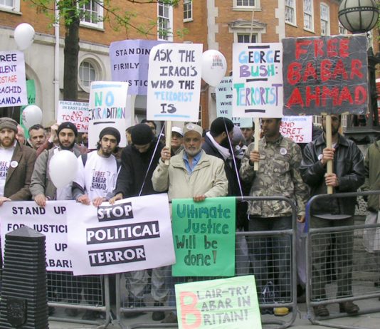 Supporters of Barbar Ahmad demonstrate in May 2005 against his extradition to the US