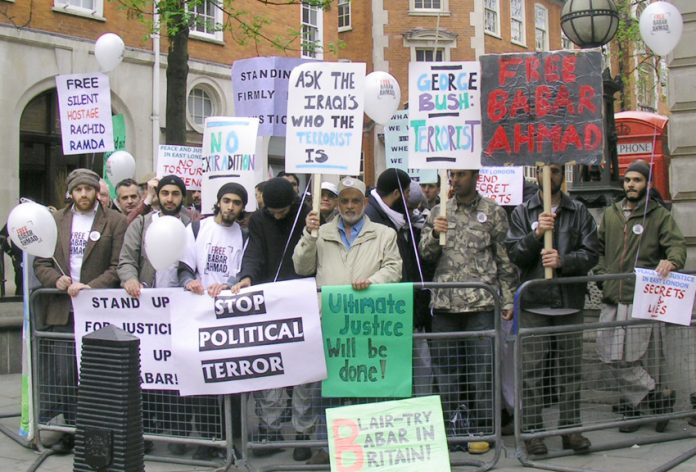 Supporters of Barbar Ahmad demonstrate in May 2005 against his extradition to the US