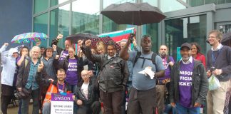 Enthusiastic Unison strikers at London Metropolitan University, Holloway Road, yesterday lunchtime