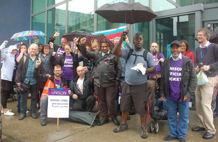 Enthusiastic Unison strikers at London Metropolitan University, Holloway Road, yesterday lunchtime