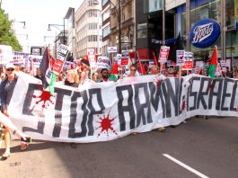 Amnesty indicts Israel’s Gaza war crimes! Demonstrators in London during the Israeli bombardment of Gaza demanding a halt to the arming of Israel