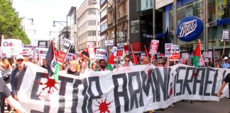 Demonstrators in London during the Israeli bombardment of Gaza demanding a halt to the arming of Israel