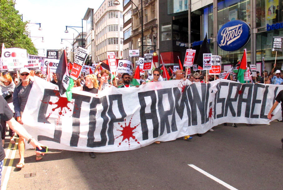 Demonstrators in London during the Israeli bombardment of Gaza demanding a halt to the arming of Israel