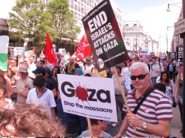 Marchers in London condemning Israeli war crimes in Gaza