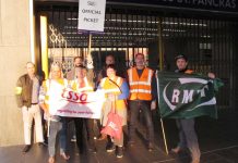 RMT and TSSA pickets at King’s Cross Station during their previous strike on July 9th