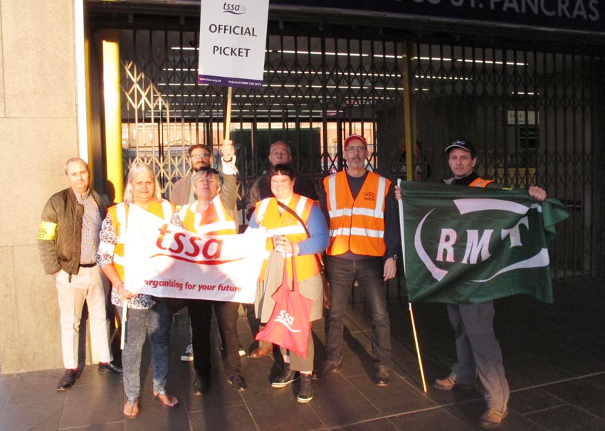 RMT and TSSA pickets at King’s Cross Station during their previous strike on July 9th
