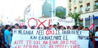 The Athens University banner at a referendum rally. It states ‘NO to all old and new austerity accords and EC blackmails – this is our own NO’