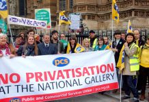 PCS leader MARK SERWOTKA with National Gallery workers demonstrating against privatisation outside parliament