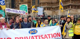 PCS leader MARK SERWOTKA with National Gallery workers demonstrating against privatisation outside parliament