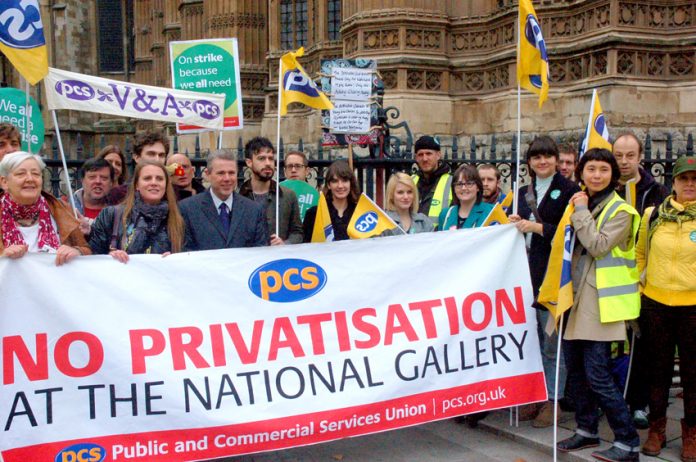 PCS leader MARK SERWOTKA with National Gallery workers demonstrating against privatisation outside parliament