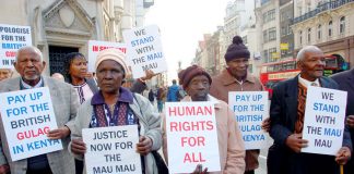 Kenyan Mau Mau veterans picket the law courts in the Strand as a successful legal case is brought against the UK government