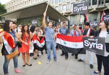 Syrians outside the US embassy in London demanding no imperialist intervention in Syria