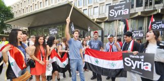 Syrians outside the US embassy in London demanding no imperialist intervention in Syria