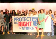 TUC leader FRANCES O’GRADY at the TUC Congress with firefighters, nurses, midwives and Ritzy cinema workers who have all been on strike this year